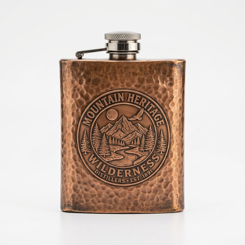Alex Johnson Mercantile - Vintage Hammered Copper & Steel Wilderness Pocket Flask (8 oz)